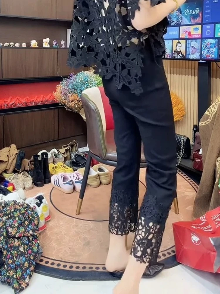 

Casual Pants Black Hollow Out Straight Leg Spring Summer Lightweight High Waist Versatile Petite Slimming Ankle Length Trousers