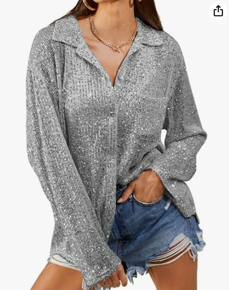 Wedifor Fashion Sequins Women Blouse Shirts Turn-down Collar Long Sleeve Button Casual Tops Elegant Glitter Party Clubwear Shirt