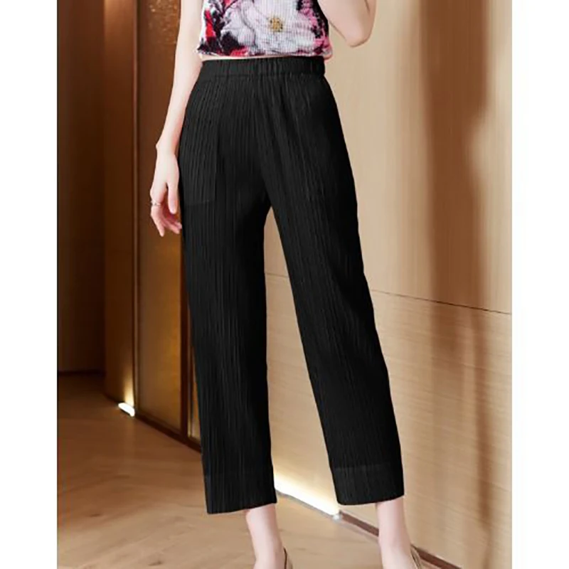 

Женская одежда, новинка лета 2025 года, свободные укороченные брюки с высокой талией, модные эластичные однотонные прямые брюки со складками