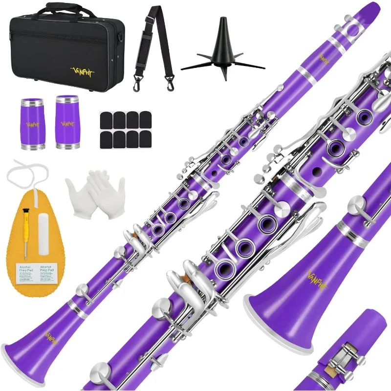 Bb Clarinet For Beginners Students B Flat Clarinet 17 Keys Clarinet with Case Stand Strap 2 Barrels 8 Mouthpiece Cushion White G