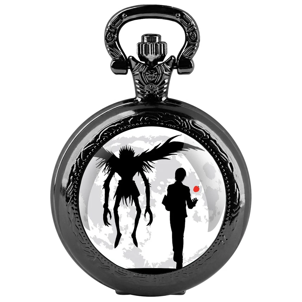 Orologio da tasca al quarzo nero con cupola in vetro Death Note con quadrante con numeri arabi e catena resistente, regalo per uomini e donne
