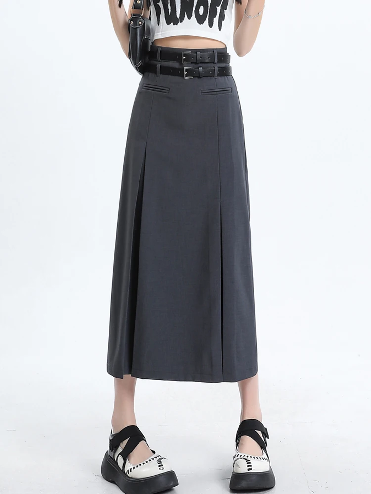 

ay Suit A-Line Skirt High Waist Women's Double Belt Long OL Skirt Summer f Skirt Polyester Fiber Commute Sle Pure Color