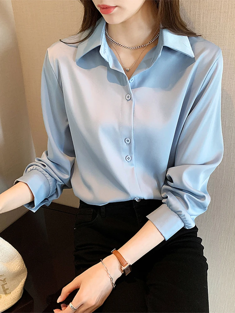 

Синяя женская рубашка для многослойных образов: шифоновый топ для осени и зимы, профессиональная белая рубашка для офиса и собеседований весной и летом