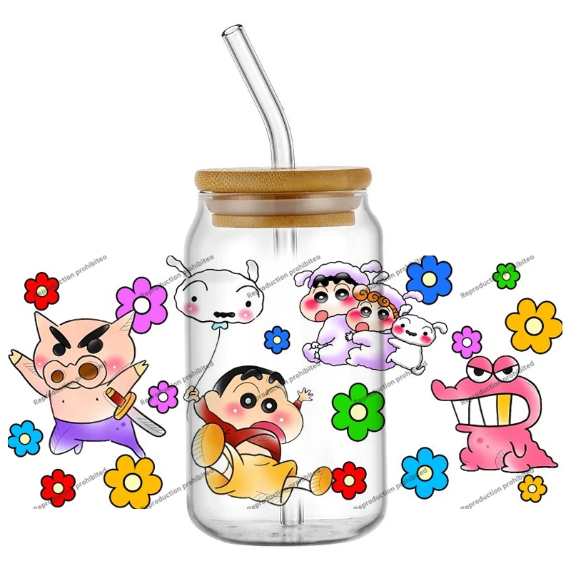 Cute Crayon Shin-chan UV DTF Cup Wrap Stickers Waterproof No Heat Transfer Vivid Print For 16oz Libbey Glass Can Anime Decal
