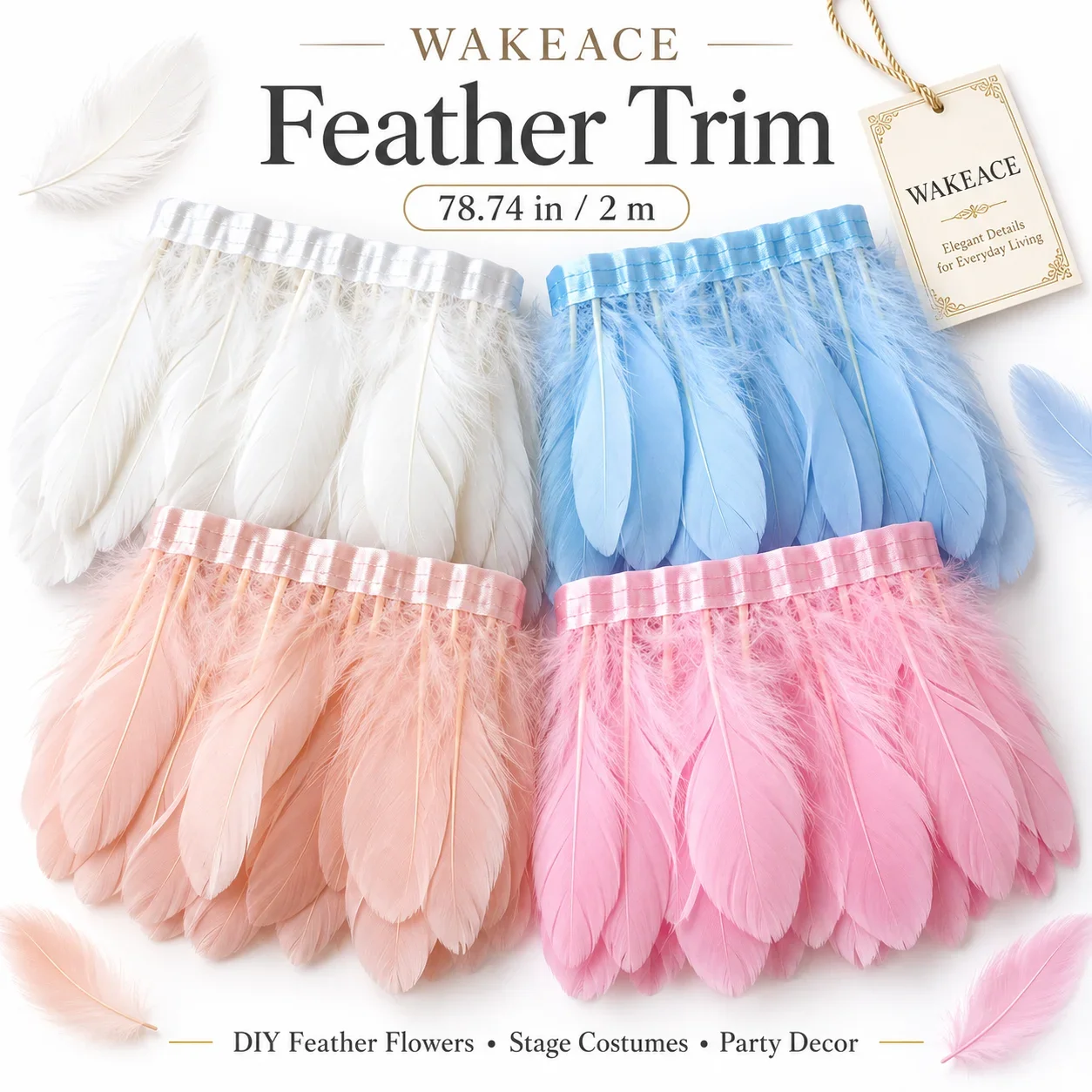 78.74in Colorful Feather Trim Fringe Ribbon for DIY Crafts Costume Design Stage Performance Shawl Wings Party Wedding Decoration