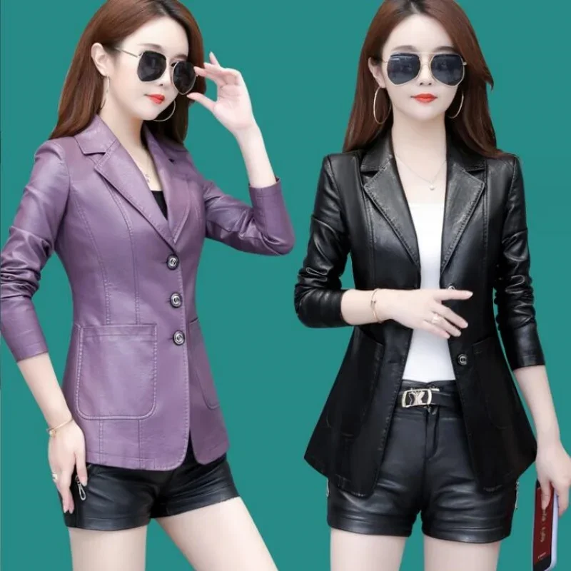 Blazer kulit wanita, mantel pendek kulit domba kecil kerah Slim pinggang, jas klasik mode musim semi musim gugur