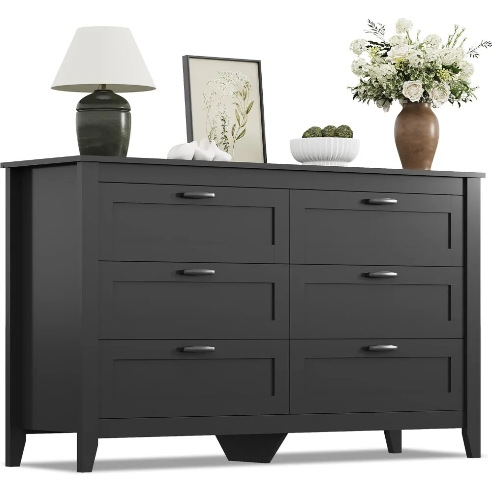 

Black Dresser for Bedroom, 6 Drawer Wood Dresser with Metal Handle, Large Double Wooden Chest of Drawers for Living Room, Hallw