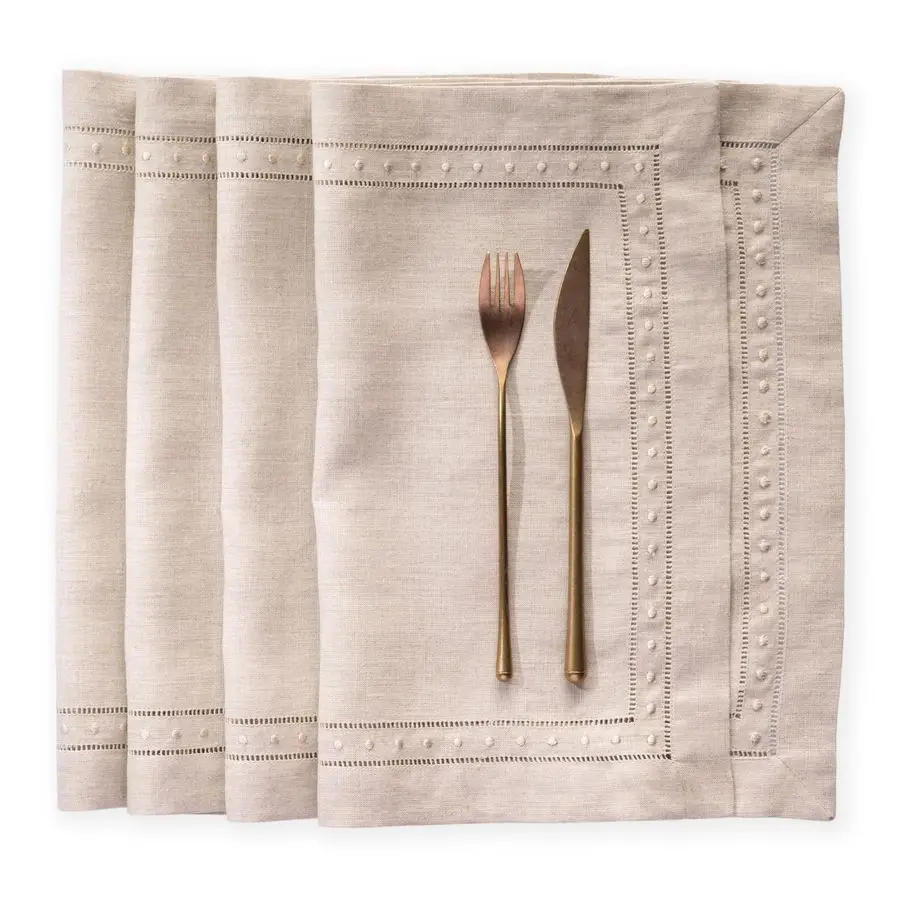 

Set of 4 Linen Hemstitch Placemat with Embroidered Dot Handmade from 100 French Flax Linen Natural Fabric, Machine Washable Natu