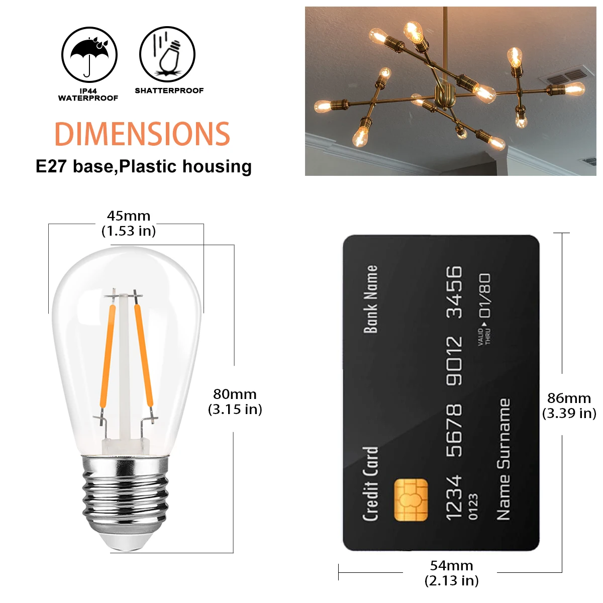 Genixgreen S14 2W String Light Bulb Warm White 2700K E27 Dimmable Waterproof Plastic Led Filament Vintage ST45 Replacement Bulbs