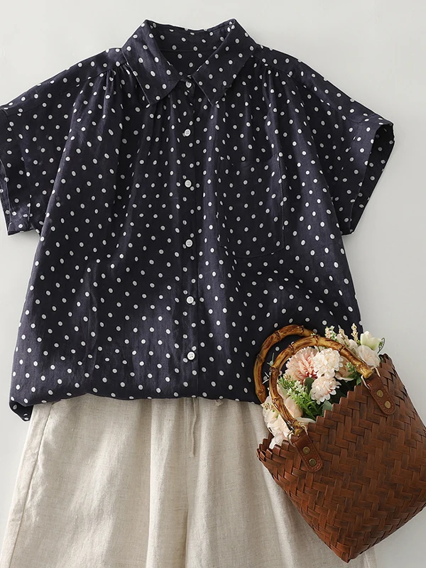 

Summer Casual Cotton Linen Polka Dot Soft Top Breathable Thin ort Sve irt Pleated ket Design irt Loose Fit Sle