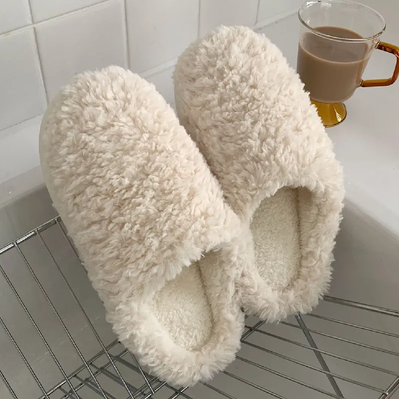 Solid Color Home Slippers Women Girls Cute Fluffy Winter Warm Plush Indoor Flats Bedroom Slides Casual Female Furry Shoes