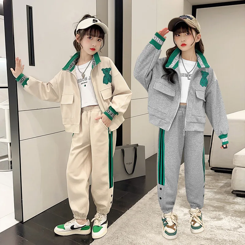 Girls Cotton Patchwork Full Zip Sweatshirt Jackets+Sweatpant Workout Sets School Kids Tracksuit Children Jogging Outfits