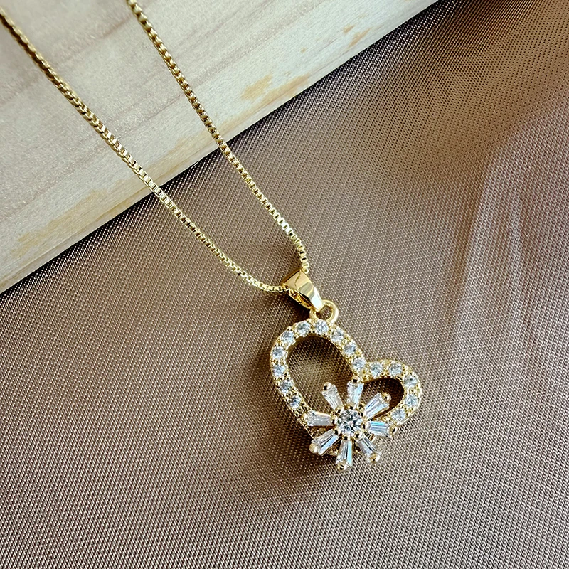 Goldfarbene Kette, herzförmige Auswahl, Schneeflocken-Anhänger-Halskette für Herbst/Winter, Damen-Modeschmuck, sexy Schlüsselbeinkette – Detail 7