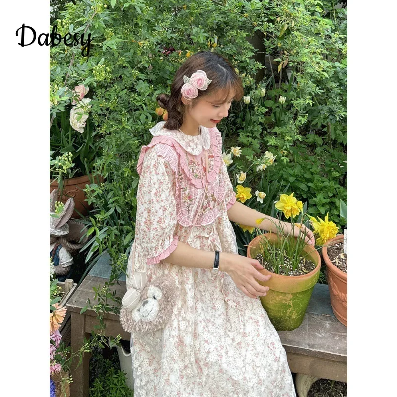 Vintage Flower Patchwork Dress For Women Japanese Mori Girl Doll Collar Kawaii A-Linen Dress Summer Lace-up Loose Midi Vestidos