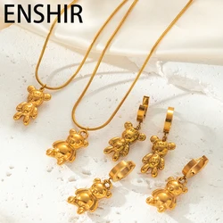 ENSHIR 316L Stainless Steel Letter Bear Pendant Necklace Earrings For Women Niche Special Jewelry Set Gifts