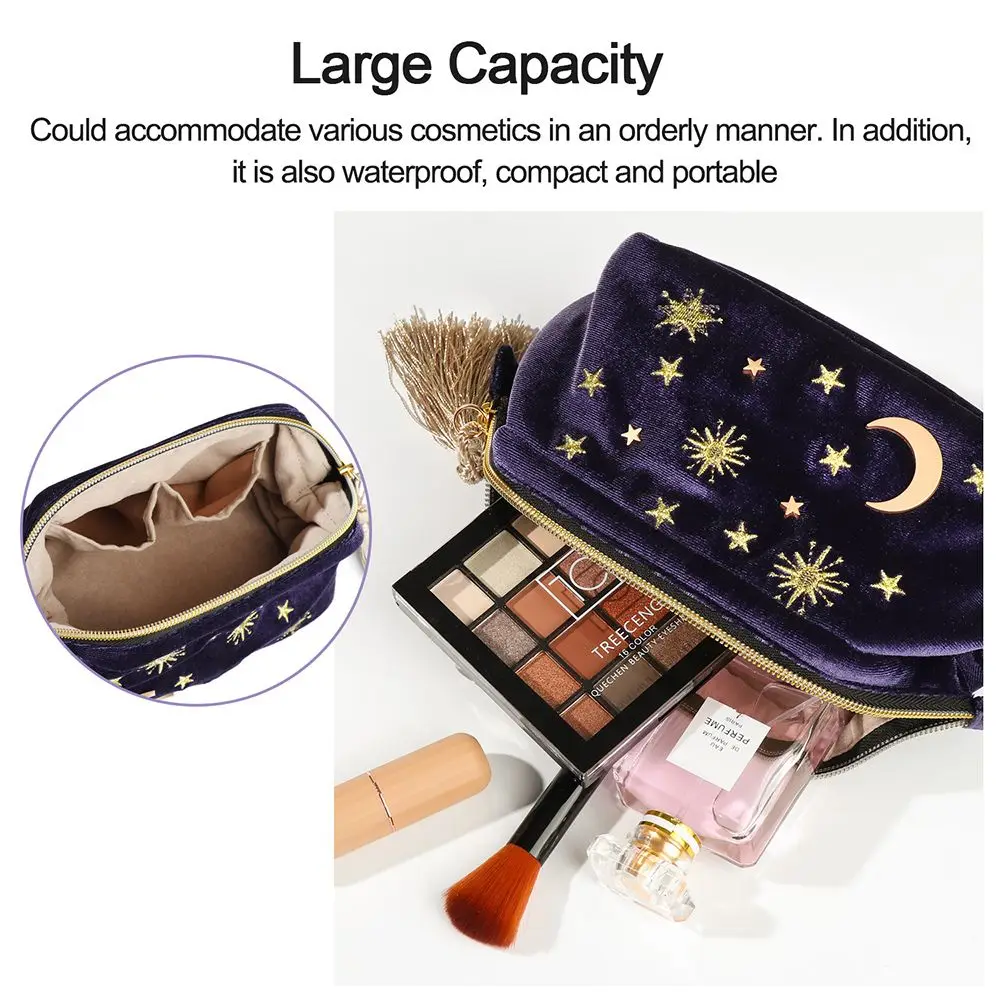 Embroidered Velvet Cosmetic Bag Star Moon Pattern Portable Make Up Bag Travel Organizing Brush Pouch for Women and Girl