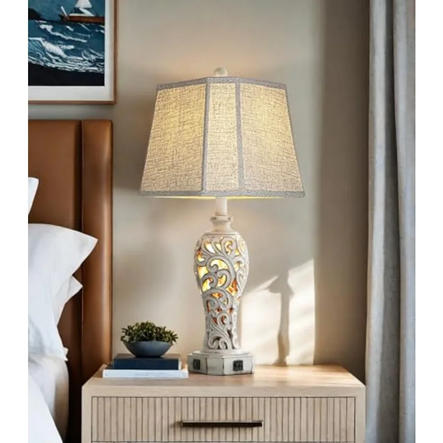 

25'' Farmhouse Table Lamp for Living Room Bedroom 2 USB Ports Vintage Rustic Nightstand Desk Lamp with Nightlight White Hollow