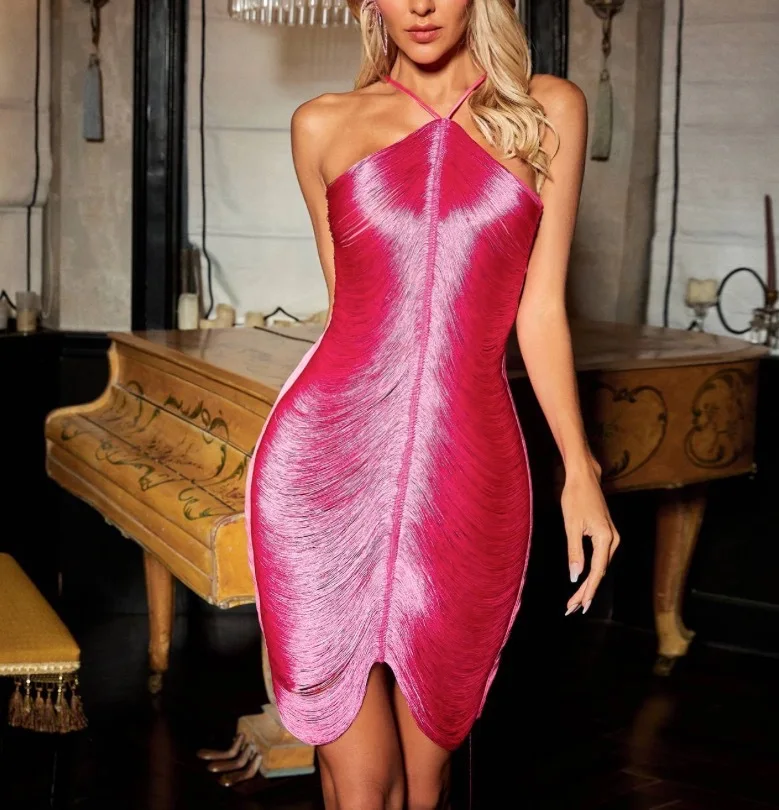 فستان نسائي أنيق بشراشيب عالي الخصر فستان ضيق 2025 مثير بدون أكمام بلون سادة فستان قصير موضة فساتين الحفلات بدون ظهر #6