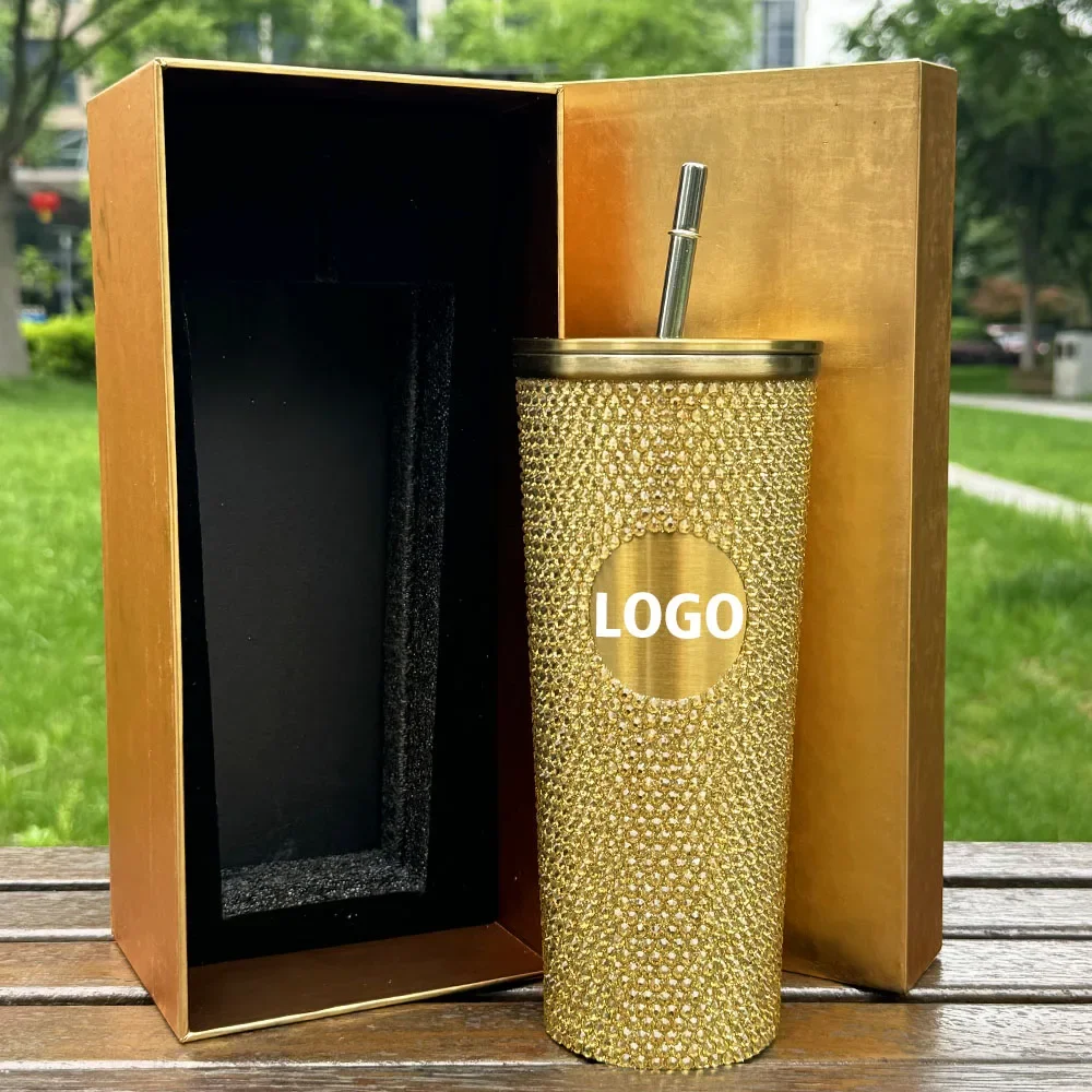 Customized Logo 700ml Gold Luxury Style Rhinestone Tumbler with Lid and Straw Double Wall Insulated Stainless Steel Water Bottle