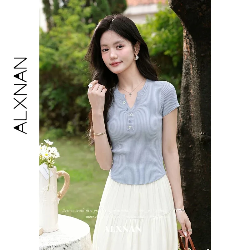 

ALXNAN Sky Blue T-shirt Women 2026 Summer Henley V-neck Short Sleeve T-shirts with Color Contrast Floral Buttons Tops L65757A
