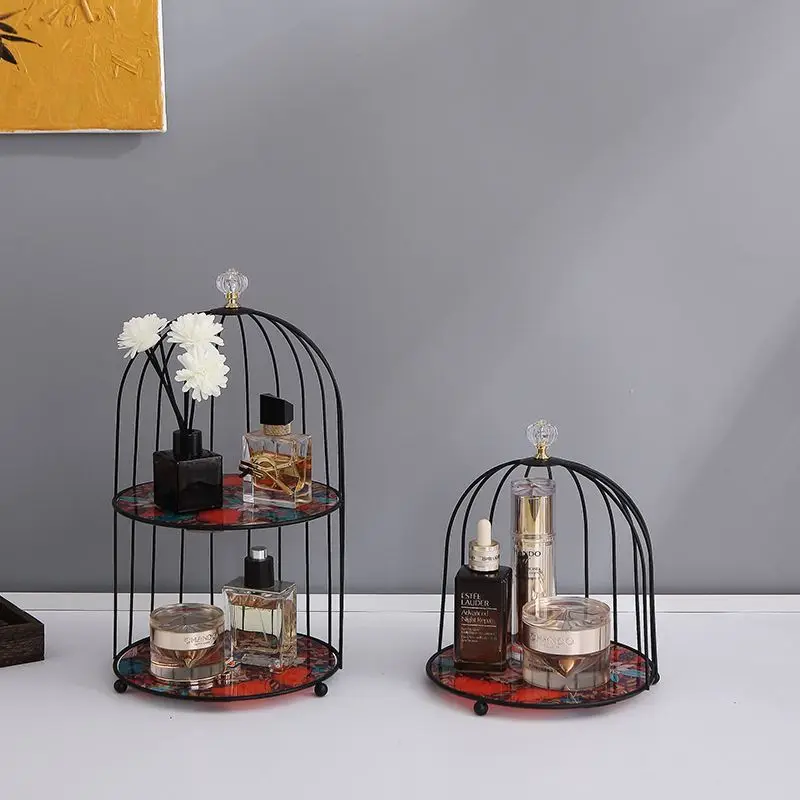 Vintage Iron Art Cosmetic Shelf Makeup Organizer Dressing Table Lipstick Perfume Makeup Storage Shelf Bathroom Bird Cage Holder