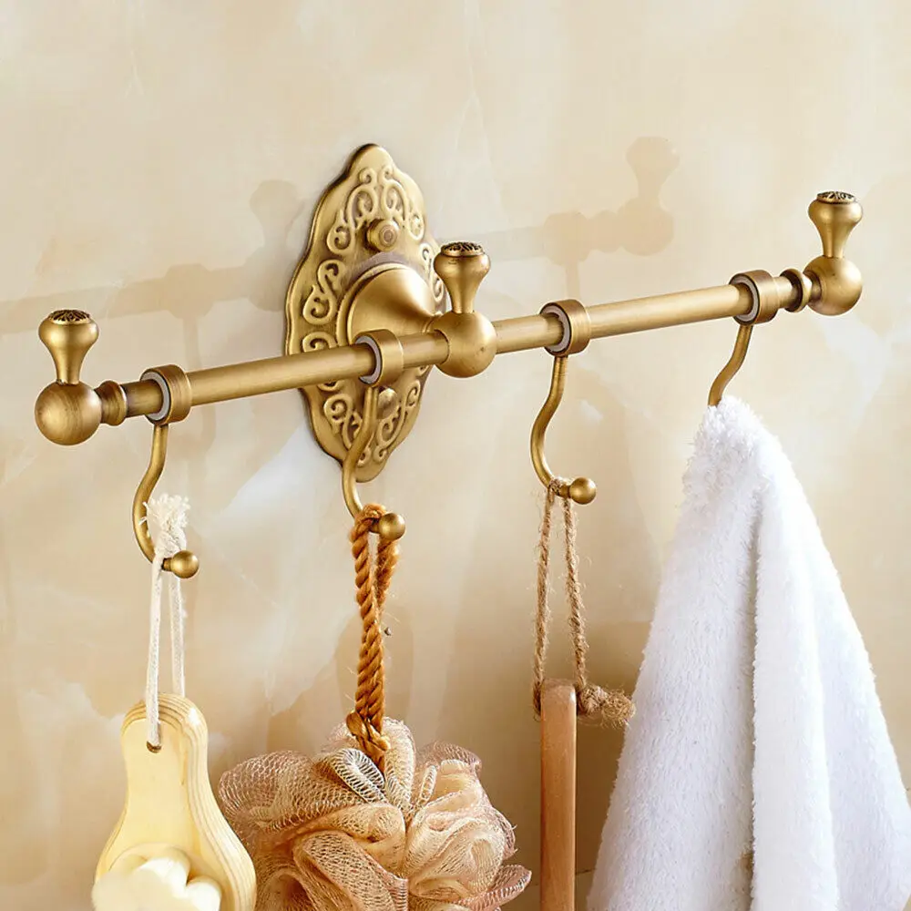 Vintage Towel Storage Shelf Brass Towel Bar Holder Wall-Mounted Rack W/ 4 Hooks