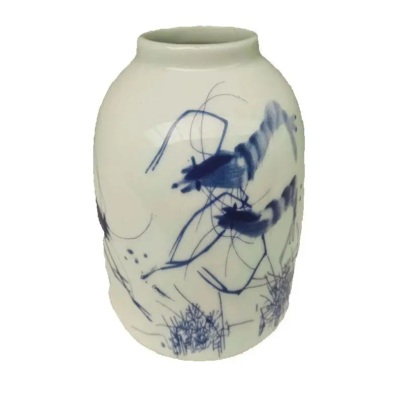Chinese Old Porcelain Vase Blue White Shrimp Pattern Storage Jar Antique Collectible Decorative Item