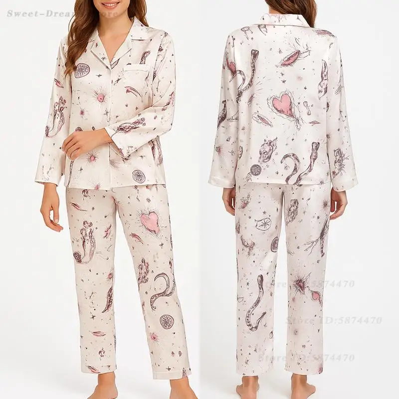 

Luxury Printed Pajamas Set Spring Summer New Trouser Pijamas Suit Sexy Silky Satin Sleepwear Home Wear Loose Casual Loungewear