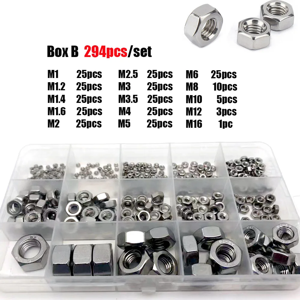 Encantar a caixa da variedade da porca do hexágono, de aço inoxidável, M1, M1.2, M1.4, M1.6, M2, M2.5, M3, M3.5, M4, M5, M6, M8, M10M12M16, 304, DIN934, 220 PCs