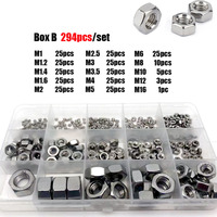 220/294pcs M1 M1.2 M1.4 M1.6 M2 M2.5 M3 M3.5 M4 M5 M6 M8 M10M12M16 304 Stainless Steel DIN934 Hex Hexagon Nut Set Assortment Box