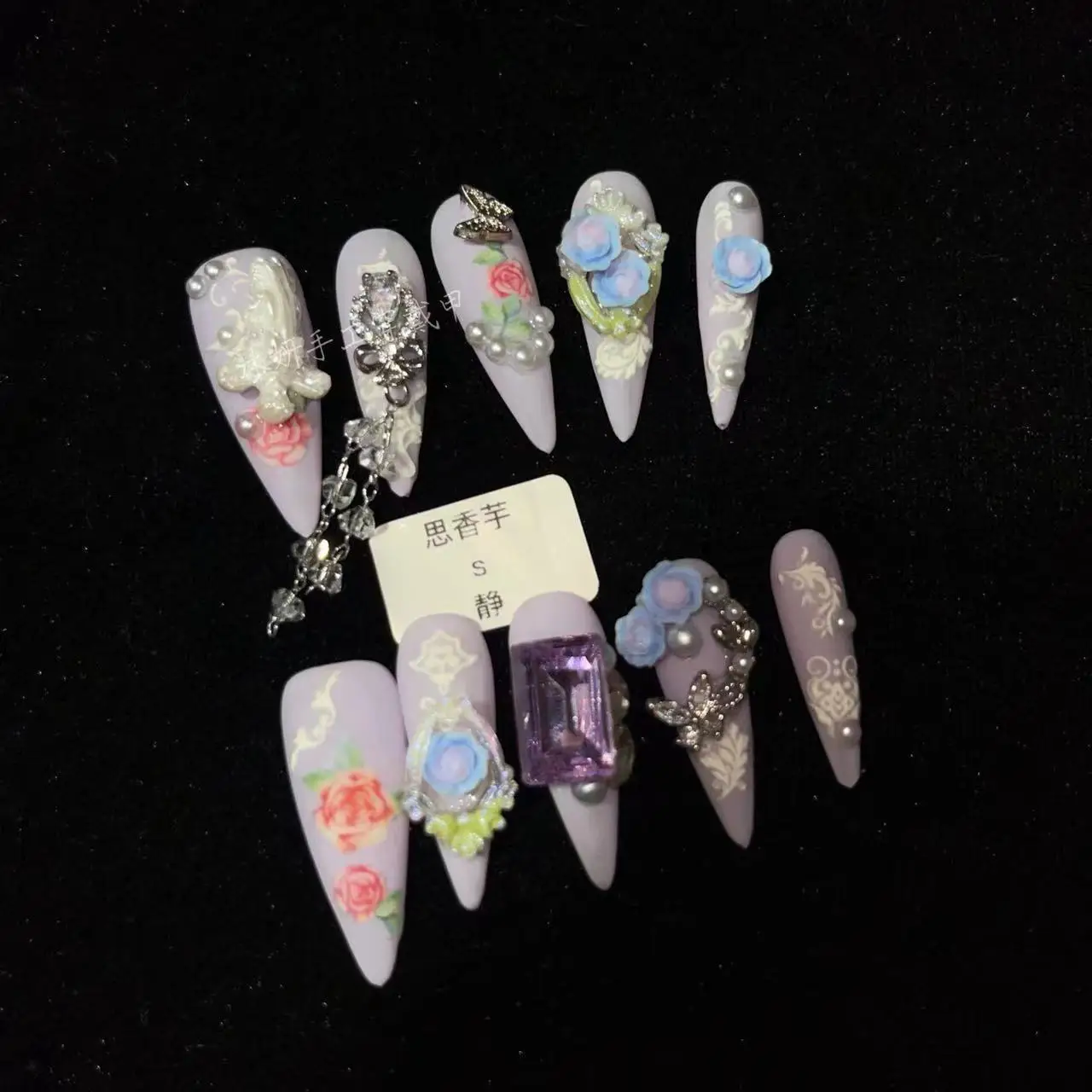 Handmade Matte Lavender Purple Stiletto Press On Nails, Vintage Rose Embossed Lace Nails With 3D Flower Amethyst Rhinestone Butt