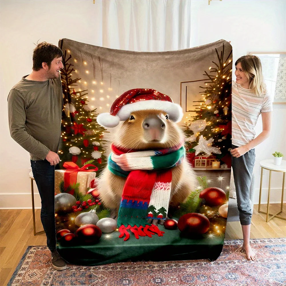 Christmas Capybara Digital Print Flannel Throw Blanket – Cozy All-Season Polyester Non-Woven Fabric Blanket with Cartoon Theme,