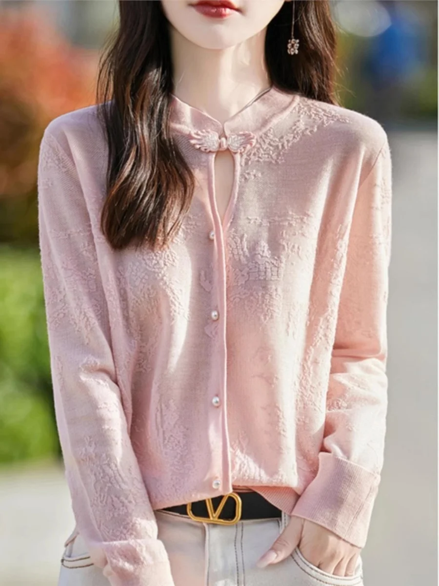 

Ультратонкая шелковая футболка-топ женская с воротником на пуговицах, новая китайская вязаная одежда из лиоцелла, защита от солнца, воздухопроницаемая...