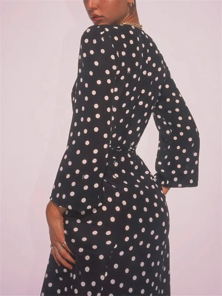 

100% Silk Women's Polka Dot Wrap Midi Dress Waist Lace-Up Long Sleeve Ladies Slim Elegant Mid-Length Robe 2024 Summer