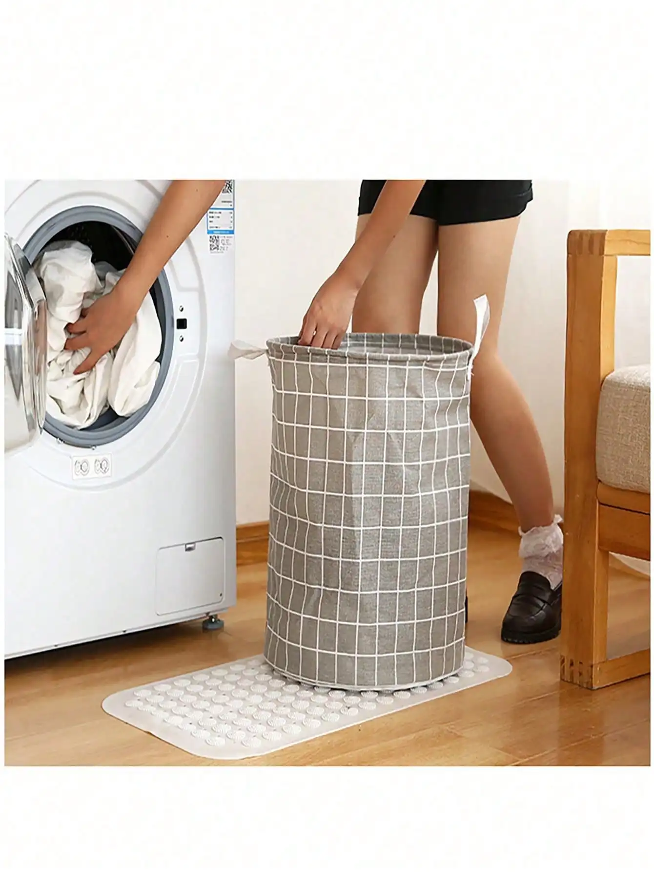 1pc cotton linen plaid round laundry barrel clothes multifunction laundry basket sundries storage bucket foldable linen basket