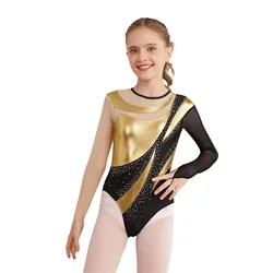 Girls Shiny Metallic Color Block Ballet Gymnastic Leotard Mesh Splice Long Sleeve Keyhole Back Bodysuit Dancewear Activewear