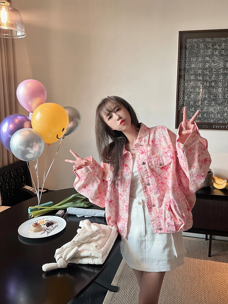 

Pink tie dye Loose Denim Jacket Women's Spring Autumn Casual Coat Washed Jean Jacket Fashion 2025