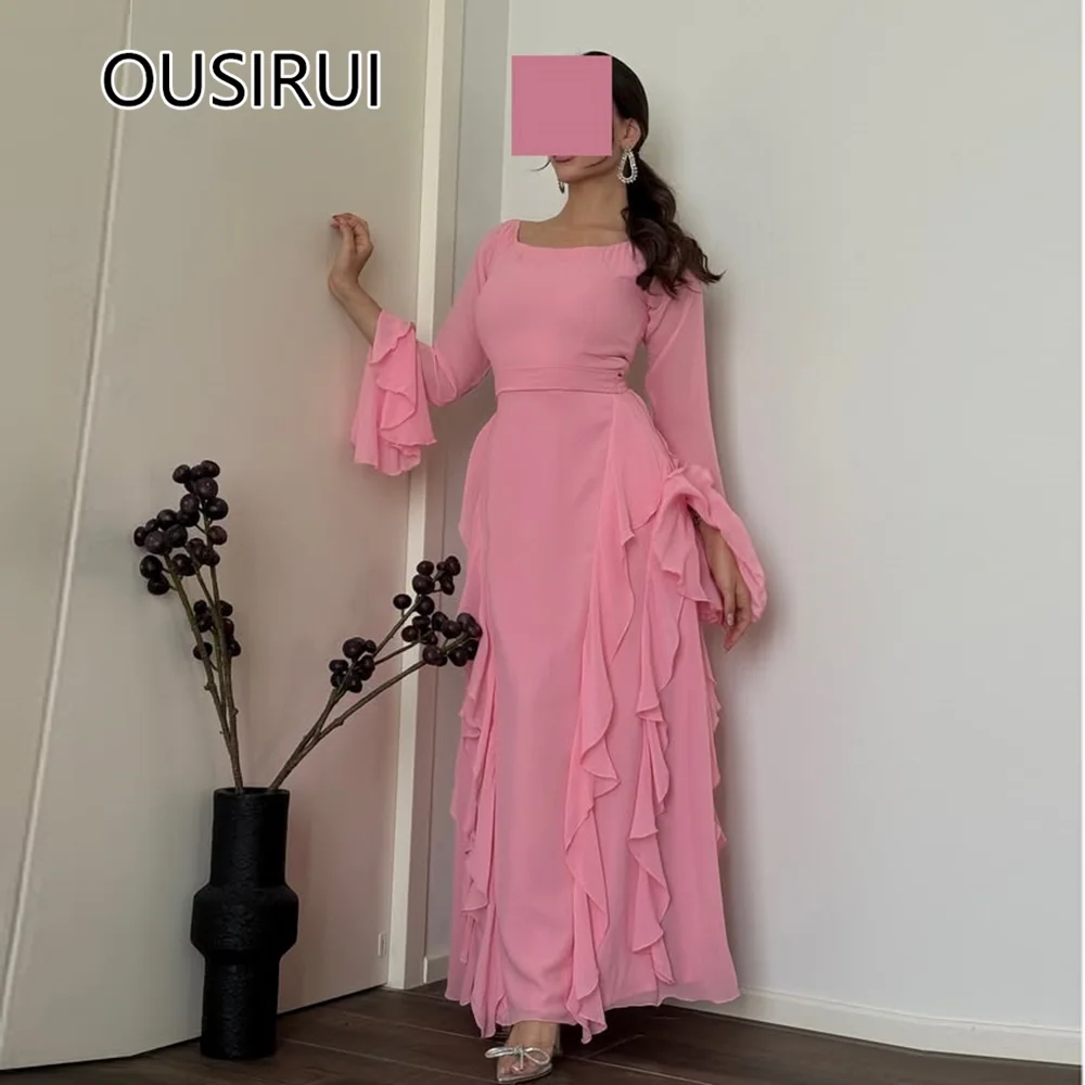 O-neck Satin Ruffles Sexy Sheath Evening Saudi Arab Dress Floor-Length Backless Evening Bridal Gown with Long Sleeve Custom Made