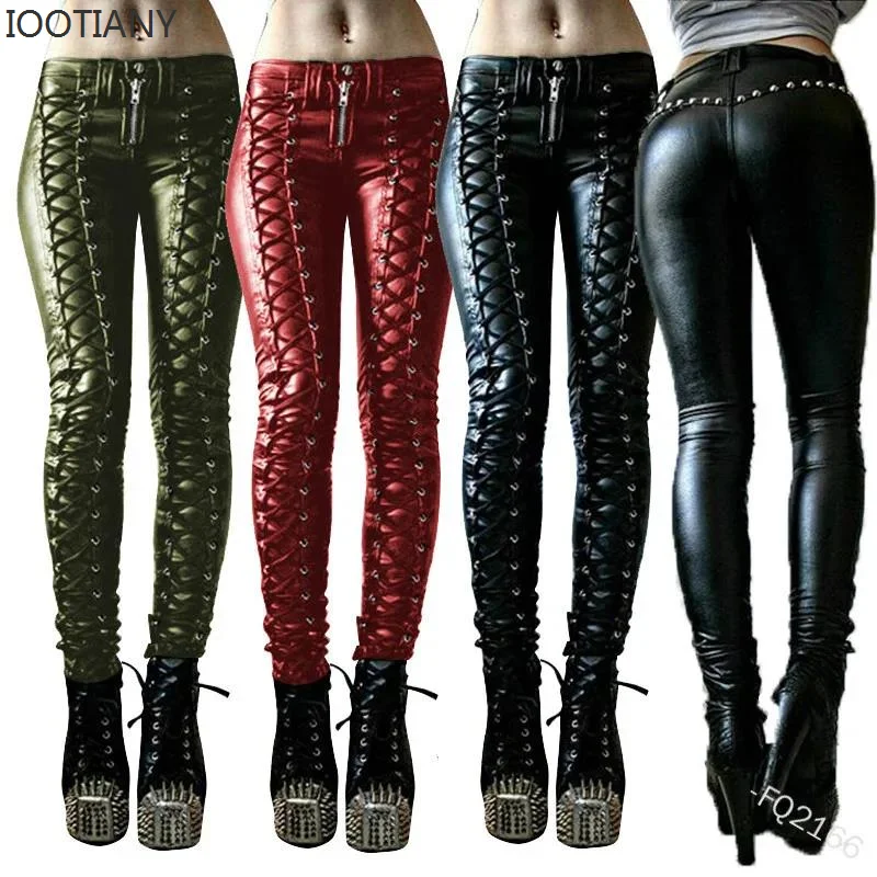 2024 Steampunk Rivet Lace-up Pencil Pants Skinny Trousers Women Retro Pu Pants Leather Pants Streetwear Autumn Casual Trousers