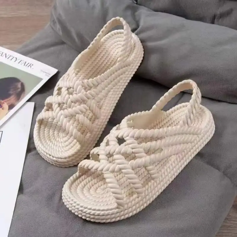 Platform Weave Hollow Design Women Slingback Sandals 2023 Summer Vacation Beach Slides Soft Non-Slip Casual Fashion Female Shoes