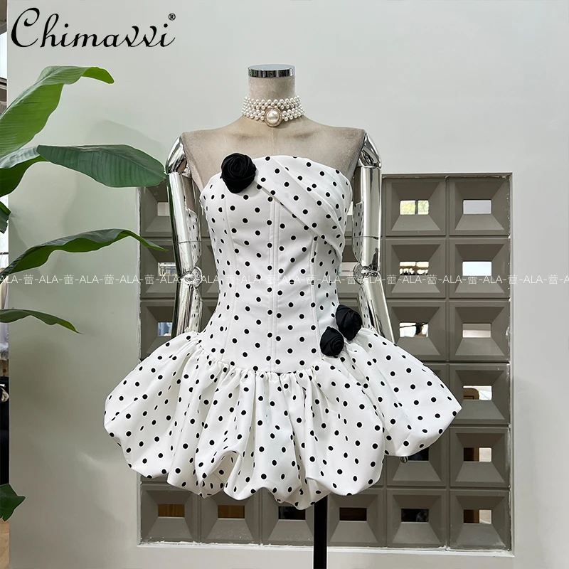 

2025 Autumn New Fashion Sweet Girls Ceremony Party Slim-fit Strap Polka Dot Dress Sexy Women Fishbone Strapless Puffy Dresses