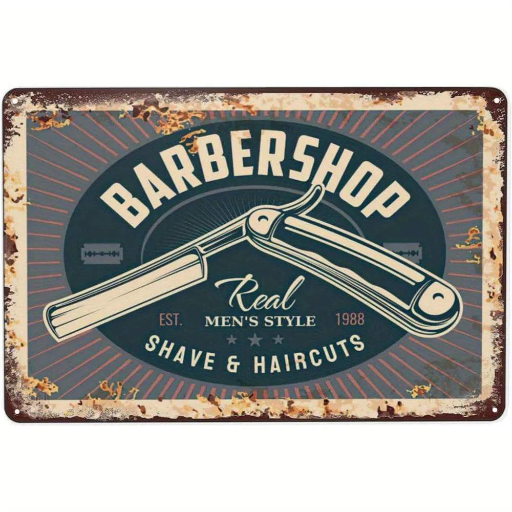 2D Metal Barbershop Sign Vintage Razor Scissors Design 8x12 Inch Heavy Duty Wall Decor for Shop Home Cafe Salon Man Cave