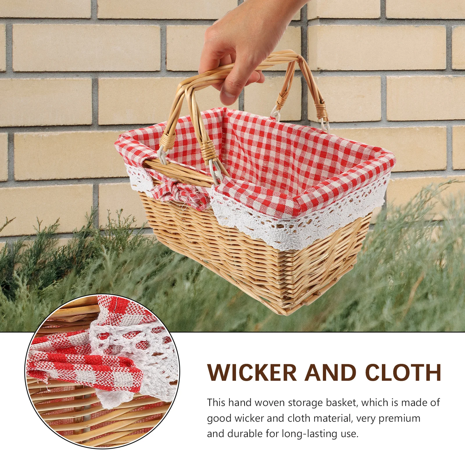 

1pc Natural Hand Woven Wicker Picnic Double Folding Handles Portable For Camping Outdoor Home Vegetable Fruit Storage Container