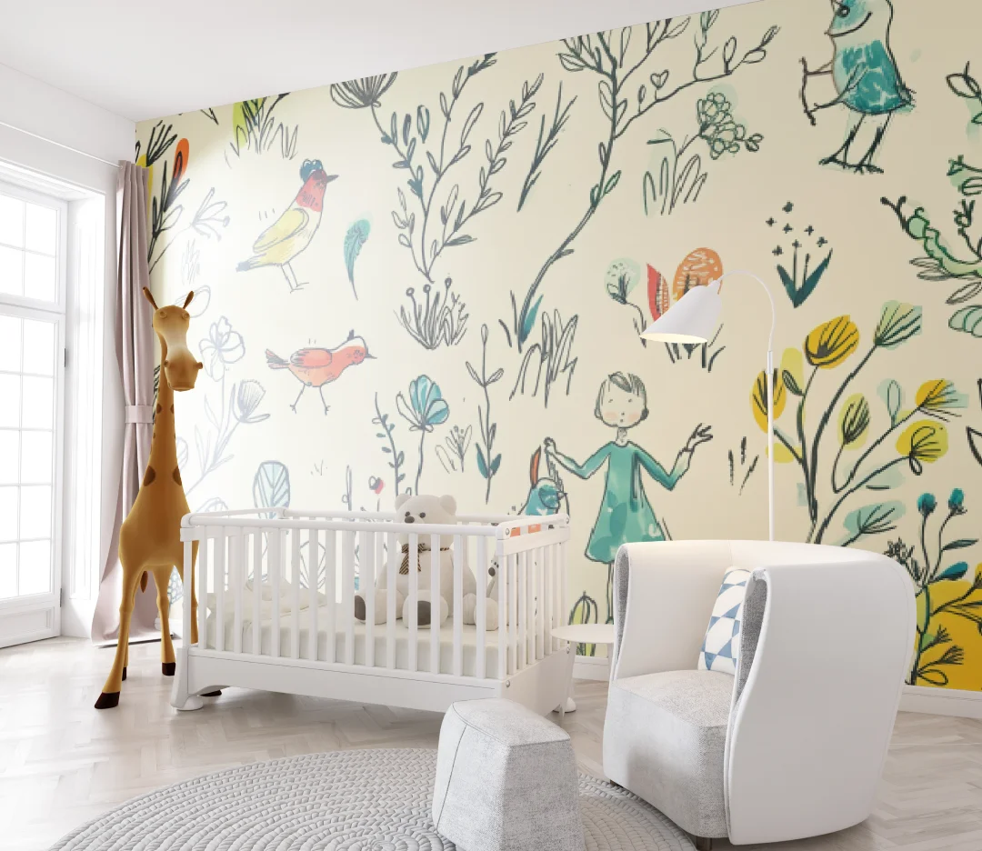 Customized Size Mural Painting Children's Room Hand drawn Flower, Bird, Branch Wallpaper Baby Room Wallpaper