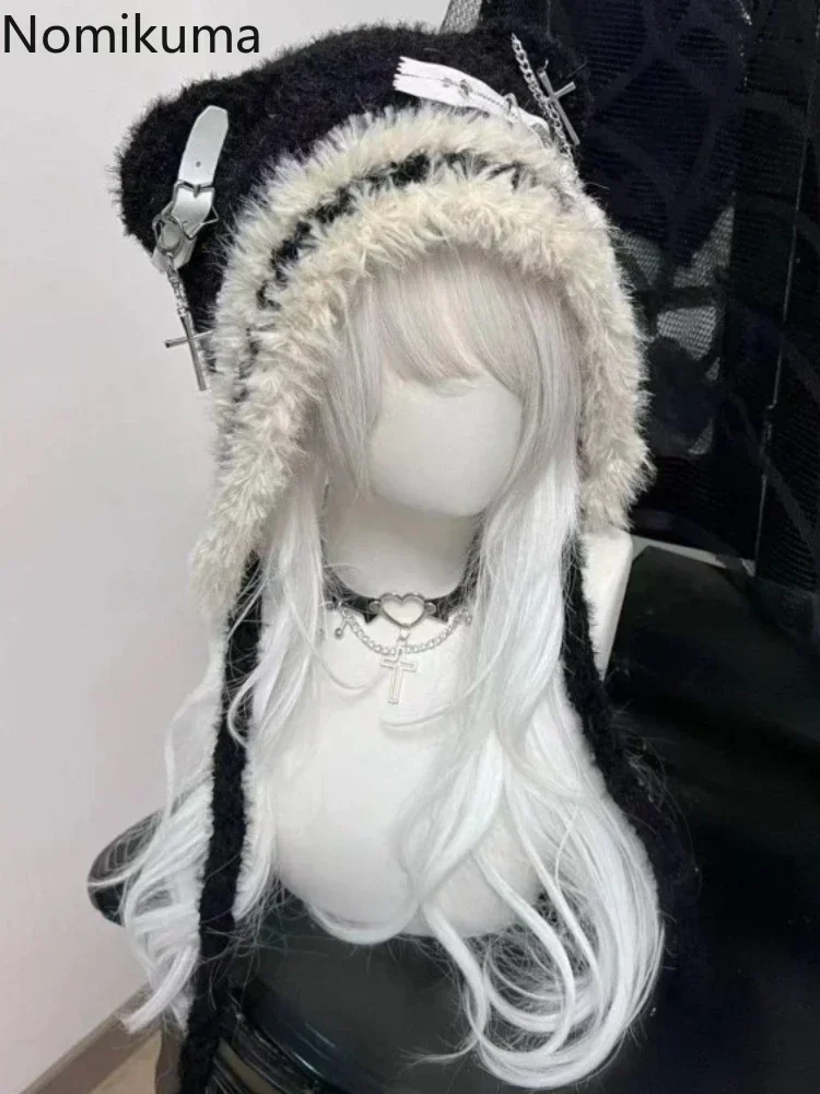 Harajuku Gothic Lolita Y2K Knitted Cat Ear Hat Women Punk Designer Cross Bat Winter Black Beanie Cute Hat Female Accessories Cap