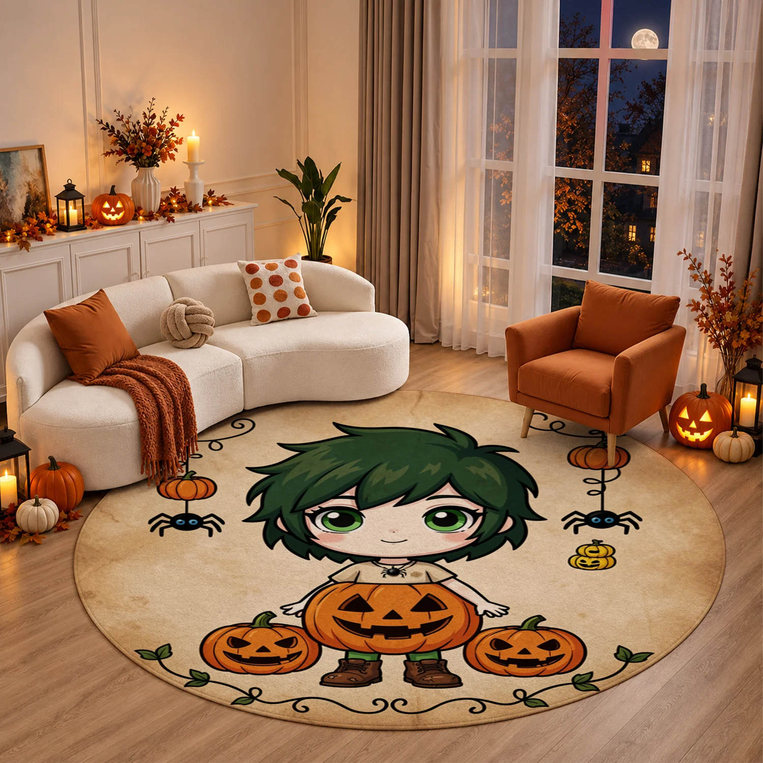 Cute Chibi Halloween Pumpkin Spider Pattern Round Velvet Doormat, Machine Washable, Suitable for Entryway, Living Room, Porch, Great for Halloween, Thanksgiving, Christmas, New Year, Black Friday, Cyber Monday Decor
