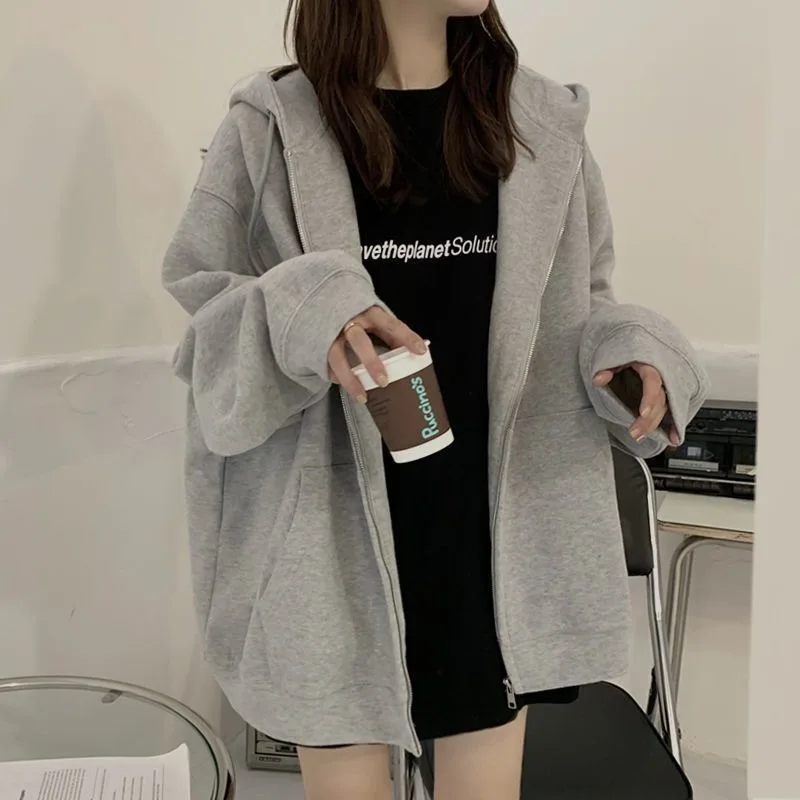 

2024 Sweater Women's Autumn New Korean Casual Grey Zipper Salt Hooded Slimming Loose Sports Cardigan Jacket Trendy