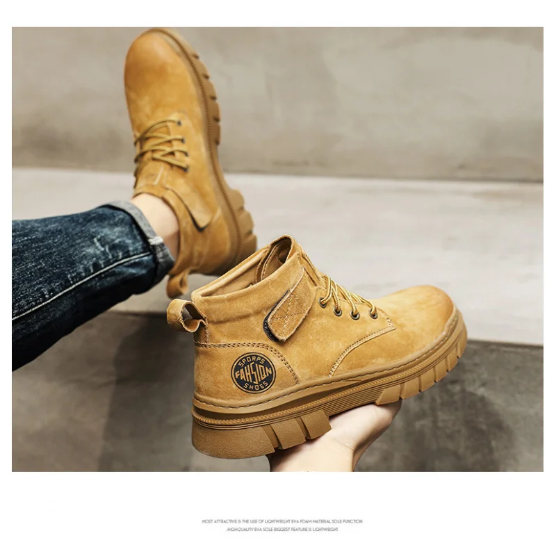 Pareja de botas amarillas grandes de cuero: 2025 nuevos zapatos de otoño e invierno para hombres, botas cortas de estilo británico, bota alta con suela gruesa