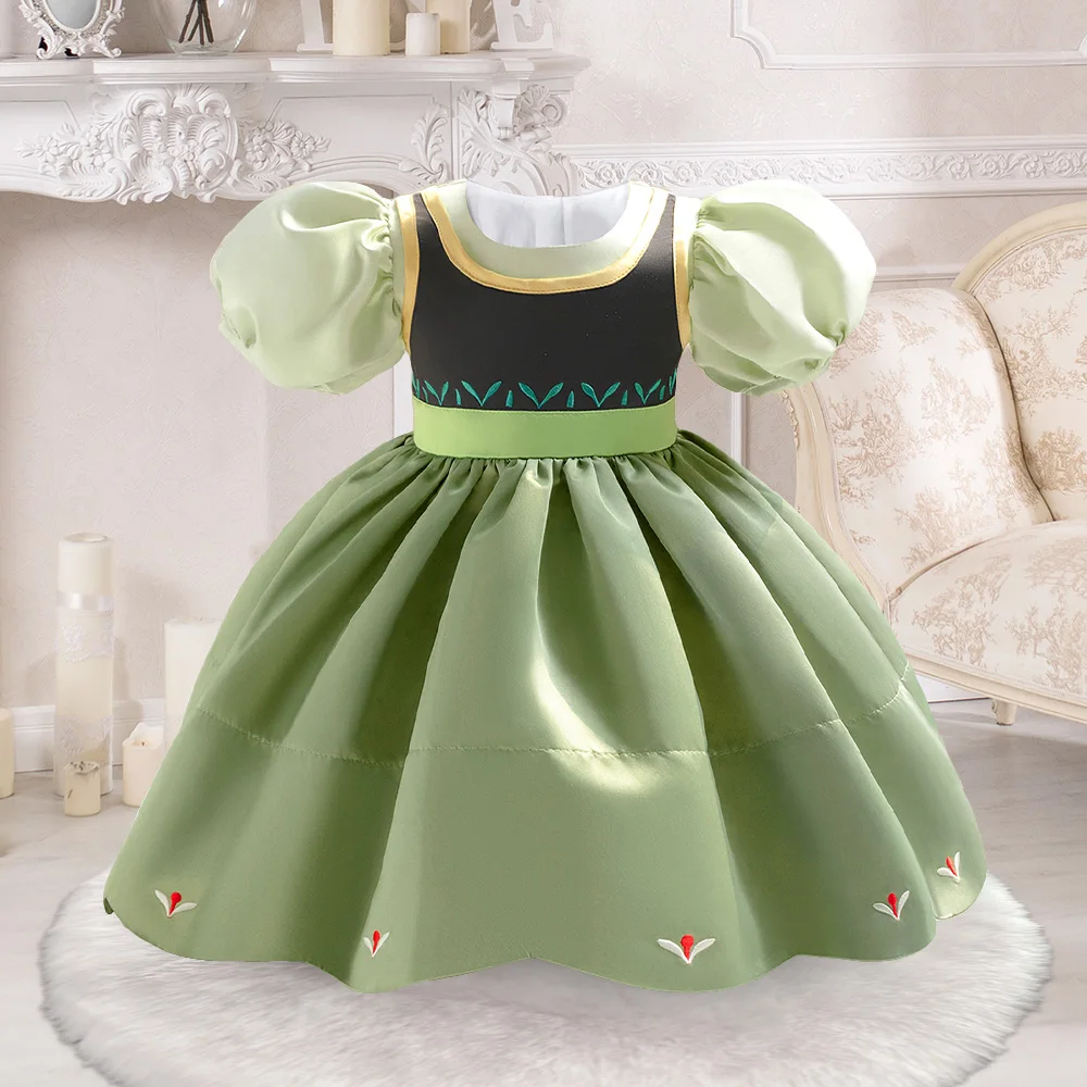 Anna Wizard Princess Girls Dresses Puff Sleeve Carnival 1st Birthday Party Dress for Girl Green Frozen Christmas Wedding Costume