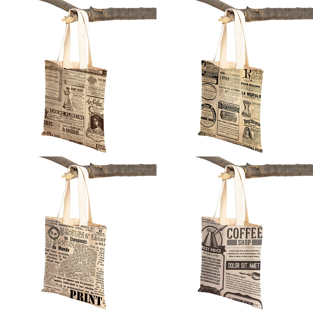 Vintage Newspaper Travel Women Shoulder Bags Folding Canvas Cartoon Lady Handbags Both Printed Girl Tote Shopping Bag